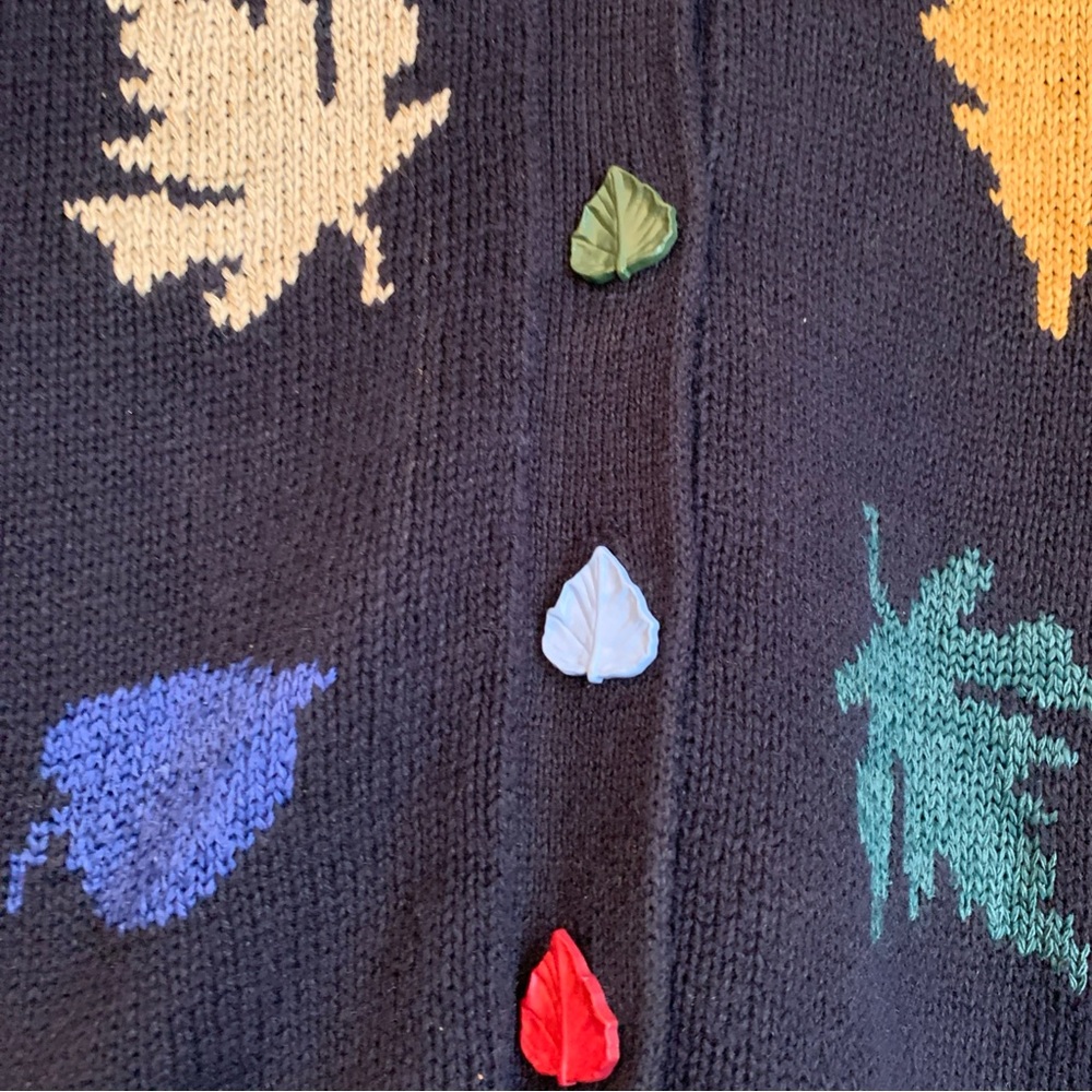 Vtg Christopher & Banks Fall Leaf Sweater Blue Hand Embroidered Knit Leaf Button - Picture 4 of 7